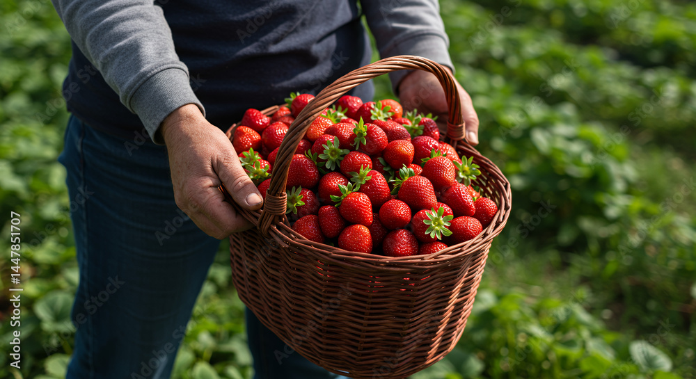 Fototapeta premium Person holding basket of fresh red strawberries in a strawberry field