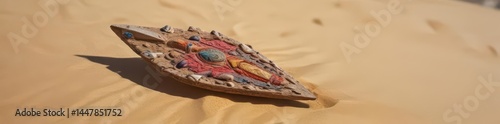 Ancient spearhead deeply embedded in desert sand , mystery, photography, hidden