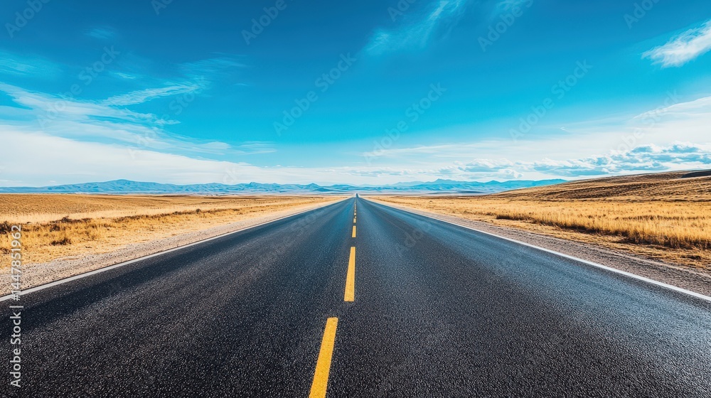Naklejka premium A road tour on an empty highway stretching endlessly into the horizon, under a bright blue sky.