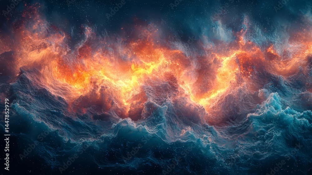 Fototapeta premium Vibrant cosmic clouds illuminated by fiery orange and blue hues, creating a dramatic celestial scene perfect for fantasy and sci-fi themes.