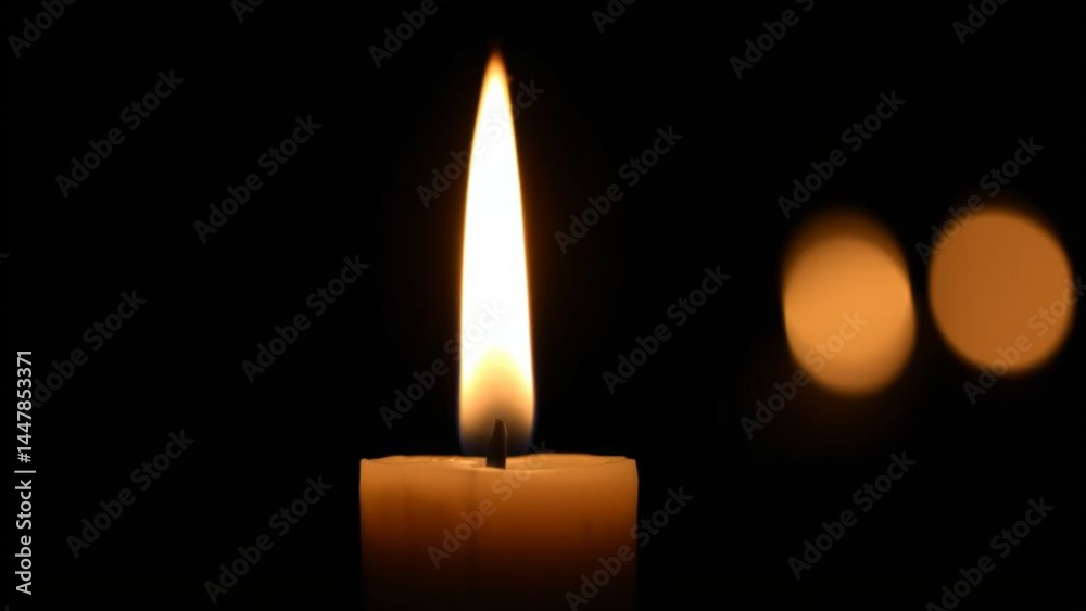 Burning candle in the dark, out of focus. In complete darkness, a burning candle looks like the photo. The edge of the candle is slightly visible near the flame, and the flickering of the fire appears Burning candle in the dark, out of focus. In complete darkness, a burning candle looks like the photo. The edge of the candle is slightly visible near the flame, and the flickering of the fire appears