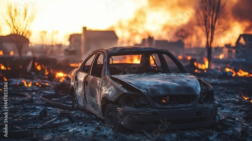 A charred car amidst a wildfire devastation