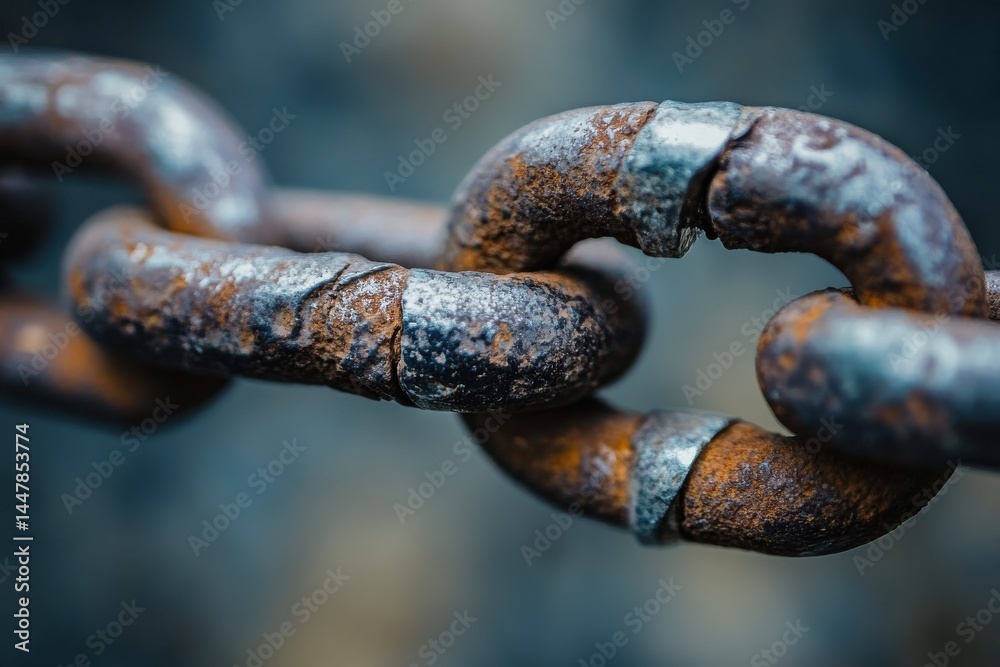 Close-up of Interlocked, Rusty Metal Chain Links Showing Wear and Corrosion for Industrial Symbolism Close-up of Interlocked, Rusty Metal Chain Links Showing Wear and Corrosion for Industrial Symbolism