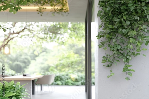 Tranquil indoor-outdoor space,  lush greenery cascading down a light gray wall.  Blurred view of a patio area with trees and greenery.  Modern design with natural light