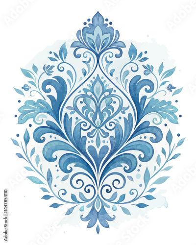 Watercolor floral damask pattern in shades of blue with swirling leaves and symmetrical arrangement