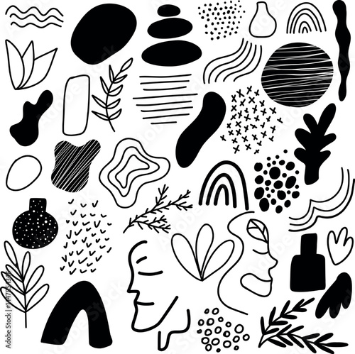 Abstract Minimalist Banner with Artistic Shapes and Line Drawings. Background featuring black-and-white abstract shapes and artistic lines, showcasing minimalistic and contemporary art design, ideal 
