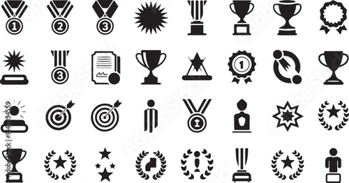 Silhouette Collection of Award Icons, Trophies, Medals, Ribbons, and Certificates, Perfect for Achievement and Recognition