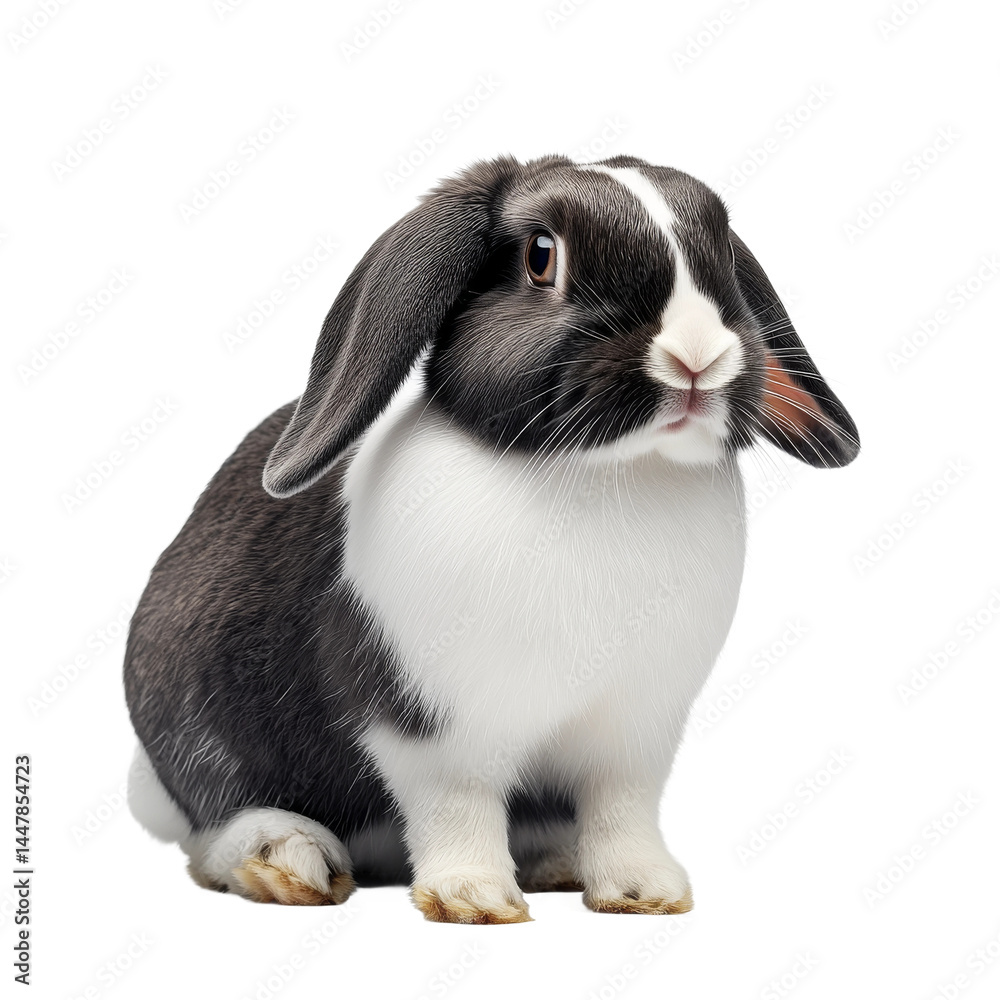 A cute bunny rabbit with a distinctive black and white pattern sits adorably, capturing a moment of sweet innocence. The fluffy creature has a playful look and is an ideal pet A cute bunny rabbit with a distinctive black and white pattern sits adorably, capturing a moment of sweet innocence. The fluffy creature has a playful look and is an ideal pet