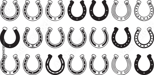 Silhouette Collection of Horseshoes in Various Styles, Ideal for Luck, Farm, and Equestrian