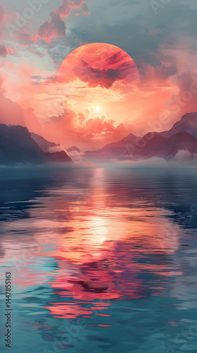 Red Sunset Lake Mountain Reflection.