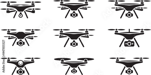 Silhouette Collection of Drone Icons in Various Designs, Ideal for Technology, Aviation, and Aerial Photography Themes