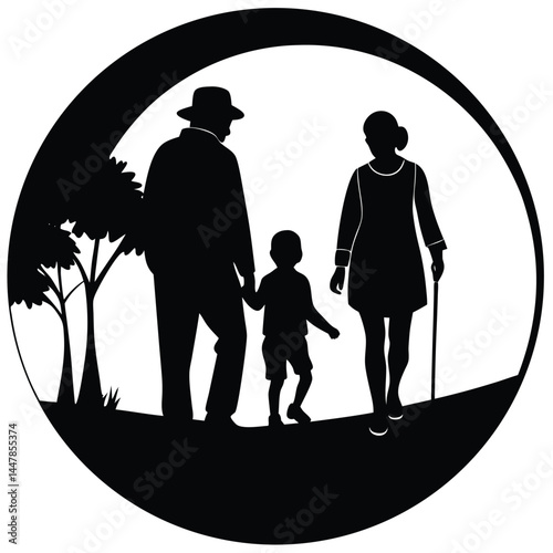 Multigenerational Family Silhouette Walking in Park