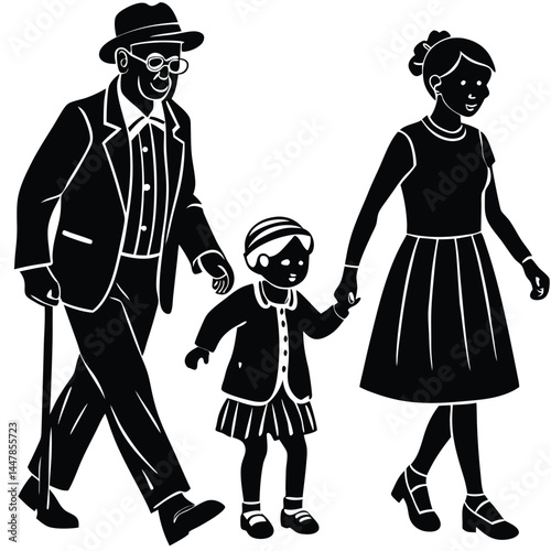 Three Generations Walking Together A Family Silhouette Illustration