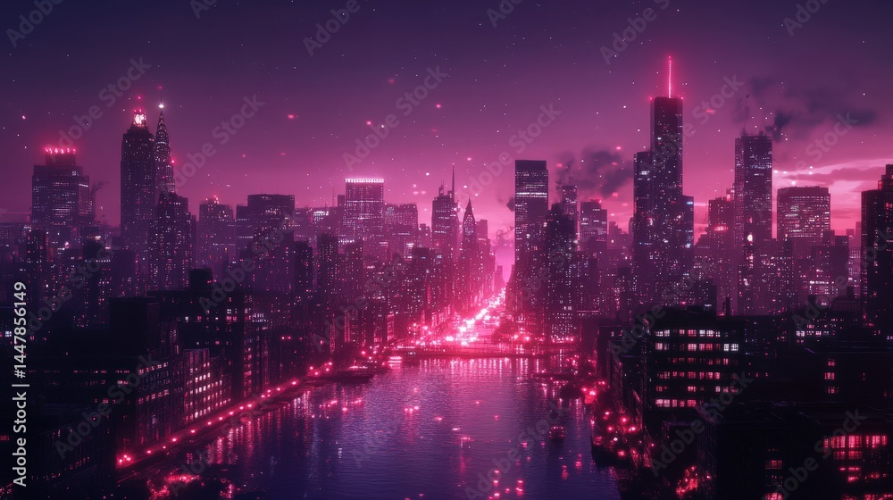 Fototapeta premium A romantic city skyline at night, with lights twinkling and a soft glow over a peaceful urban landscape.