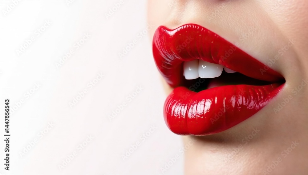 Obraz premium Close-up of luscious red lips on stark white backdrop, white background, matte
