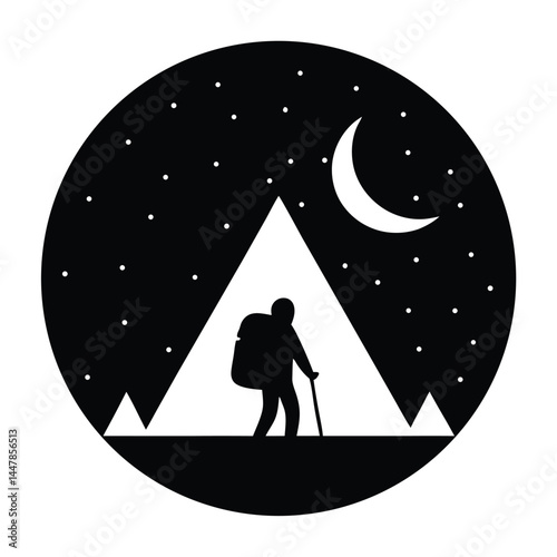 Night Hiking Adventure Silhouette of Hiker Under the Moonlit Sky