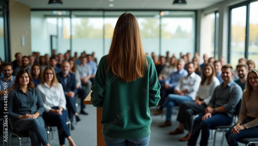 Woman Giving Presentation to a Large Audience Group Woman Giving Presentation to a Large Audience Group