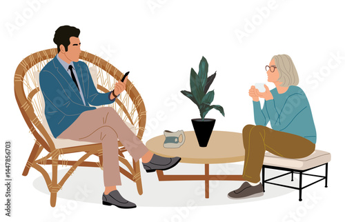 Business people, man and senior woman sitting in lounge zone, drinking coffee, tea, having casual meeting, conversation. Colorful flat vector illustration isolated on transparent background