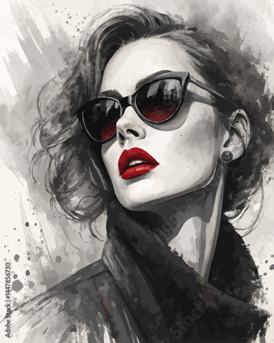 Watercolor painting of a woman with sunglasses and red lipstick in a stylish portrait art piece