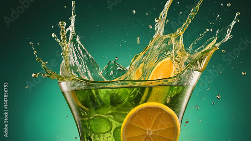 Vibrant splash of bright green lime cocktail frozen in motion, citrus droplets mid-air, summer refreshment, tropical drink, mixology, citrus recipe, party vibe