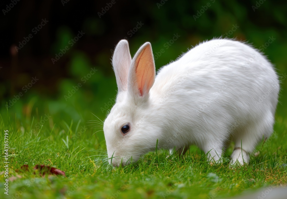 Adorable white rabbit nibbling grass in a lush green garden. Adorable white rabbit nibbling grass in a lush green garden.