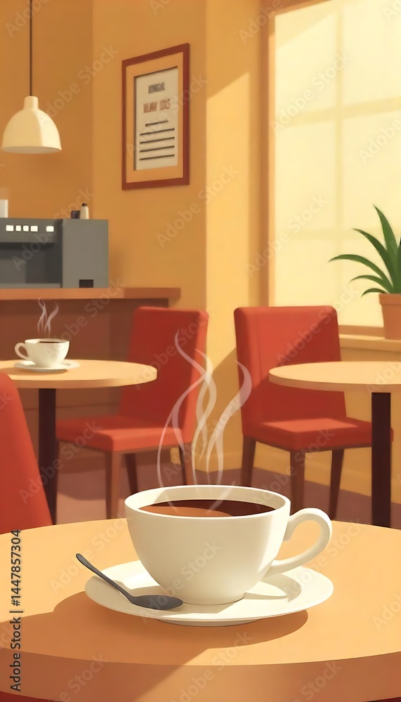 Obraz premium Generative AI Serene Coffee Shop Scene with Steaming Coffee Cup
