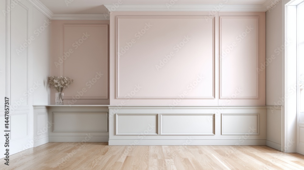 Fototapeta premium Empty room with blush pink accent wall and subtle molding, feminine tone, interior staging base, calm decorative contrast