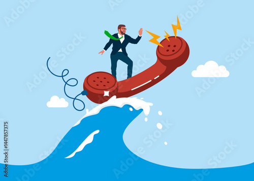 Confident businessman surfing on telephone receiver. Free Call. Support, customer service, help, communication concept. Modern vector illustration in flat style