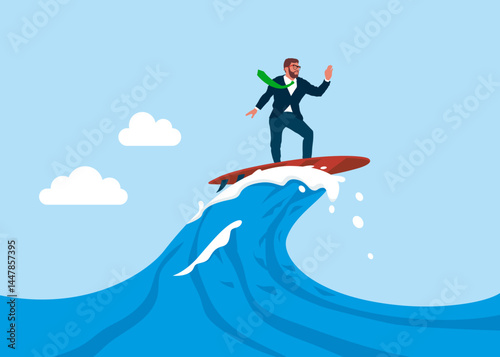 Businessman surfing. Navigating market trends, news opportunities, innovation in fast-paced environment. Modern vector illustration in flat style