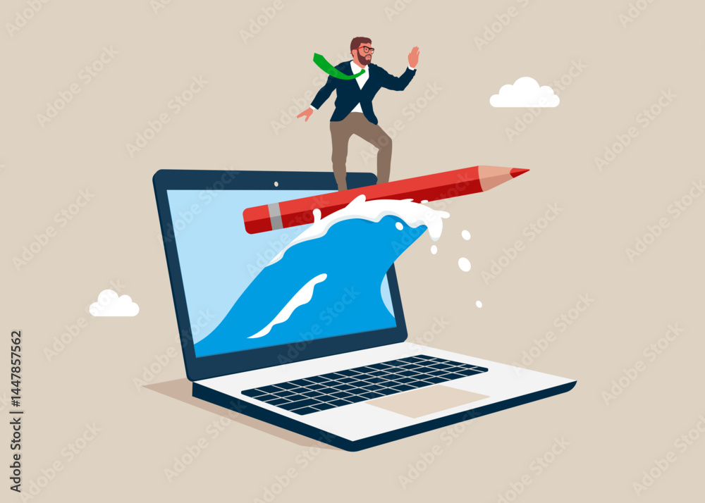 Confident businessman surfing on pencil from the screen laptop. Fight the crisis. Move up motivation, the path to the target's achievement. Modern flat vector illustration.