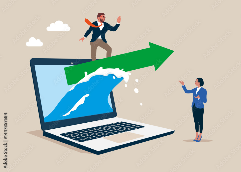 Confident businessman surfing on green arrow from the screen laptop. Investment profit growth, financial advisor. Make money to get rich or increase earning or income. Vector illustration Confident businessman surfing on green arrow from the screen laptop. Investment profit growth, financial advisor. Make money to get rich or increase earning or income. Vector illustration