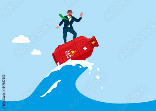 Confident businessman surfing on gas cylinder. Natural gas price rising up. Global trading gas. Modern flat vector illustration.