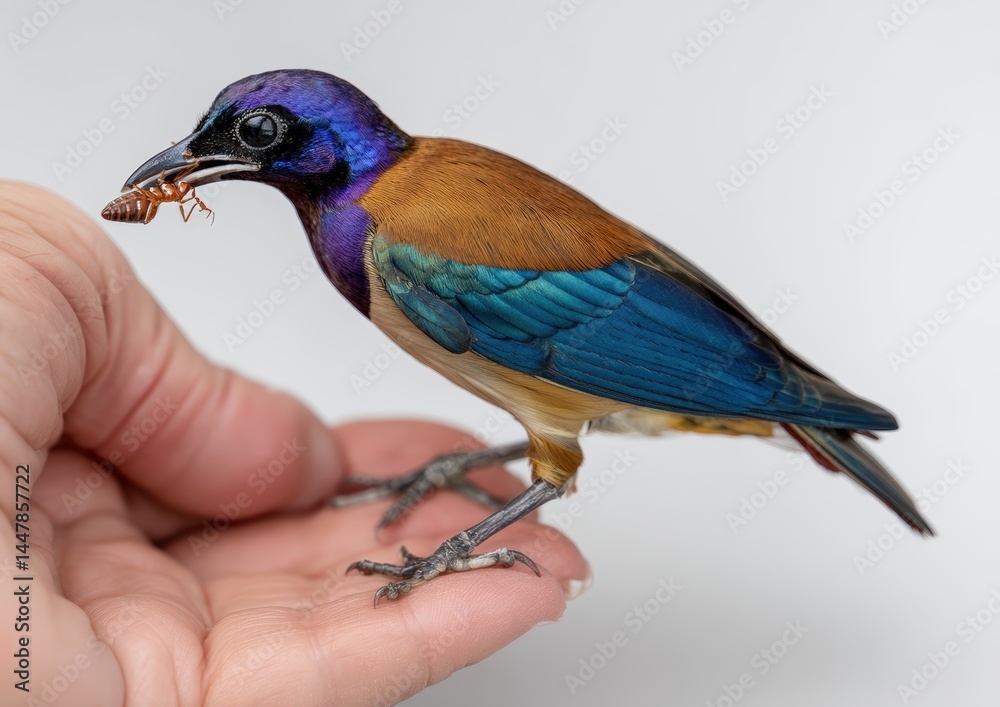 Obraz premium Colorful bird perches on a hand, showcasing vibrant feathers while holding an insect in its beak.