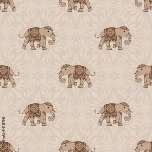 Vector Seamless Pattern with Ornamental Elephants in Traditional Decor on Cream damask Background for Fabric, Wallpaper, Gift Wrap, and Invitations