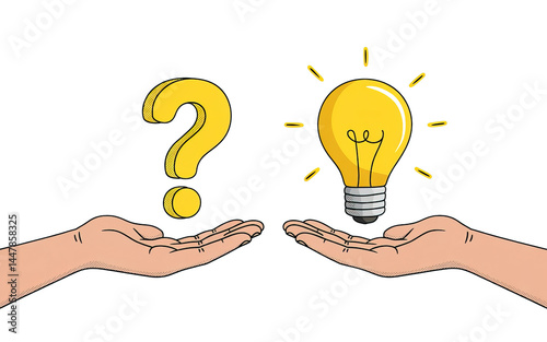 Two hands present a question mark and a light bulb on transparent background