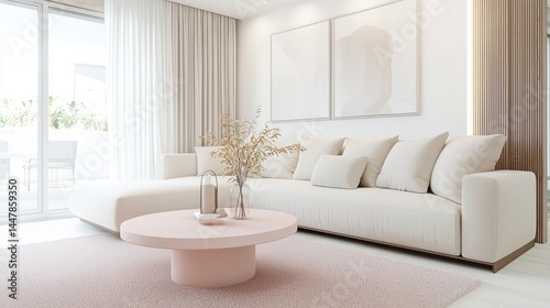 Modern cozy living room, ivory sofa, powder pink carpet, matching pastel pink round table, neutral walls, soft lighting