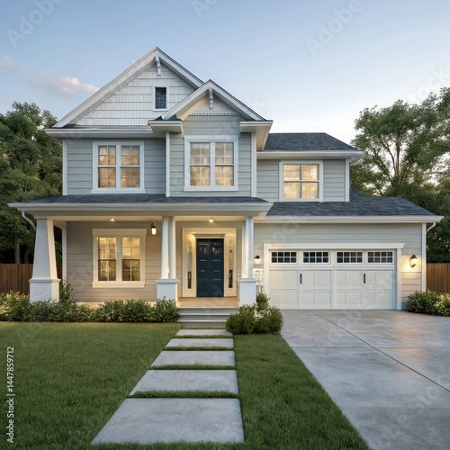 A new luxury suburban residence features a modern architectural exterior with a well-kept lawn and a clear sky