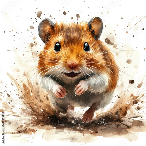 watercolor of Hamster Running On A Wheel, vector, isolated on a white background.