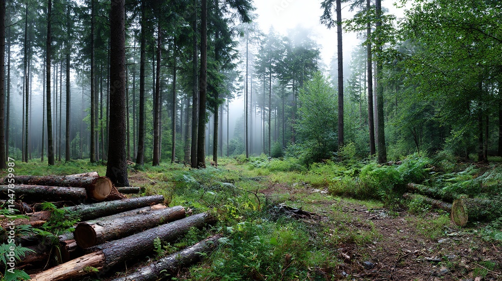 Fototapeta premium Stacked pine and spruce logs in a forest clearing, a serene woodland scene of natural harmony. 
