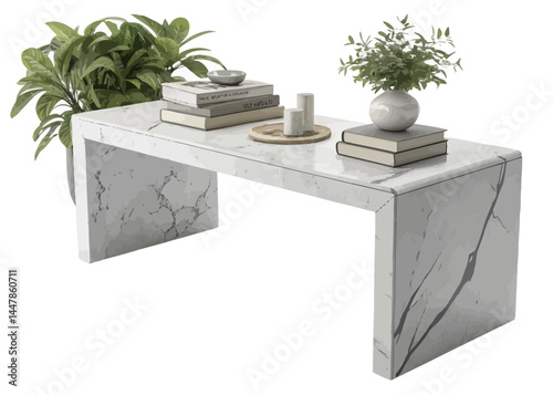 A marble waterfall coffee table with books, candles and plants as decoration in a bright setting