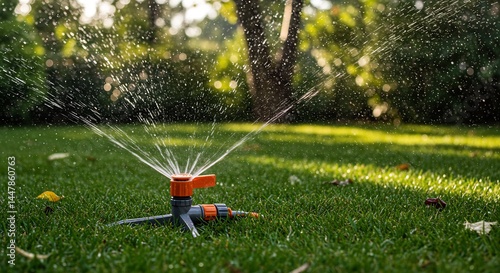Close-up of a garden sprinkler watering a lush green lawn on a sunny day