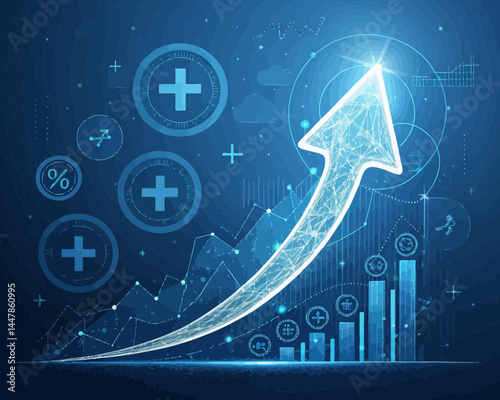 Glowing arrow pointing upwards with bar graph and plus signs on a blue background design style art