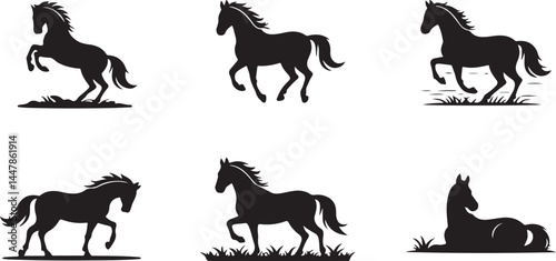 Silhouette Collection of Horses in Various Poses, Perfect for Equestrian, Farm, and Wildlife Themes