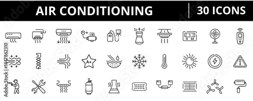 A collection of 30 minimalist outline air conditioning icons for HVAC, cooling, and climate control