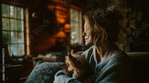 Cozy Moments: A Woman and Her Dog in a Warm, Cozy Cabin