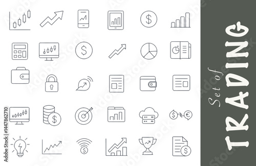 set of trading. 30 vector illustration trading stock investment style line outline icons