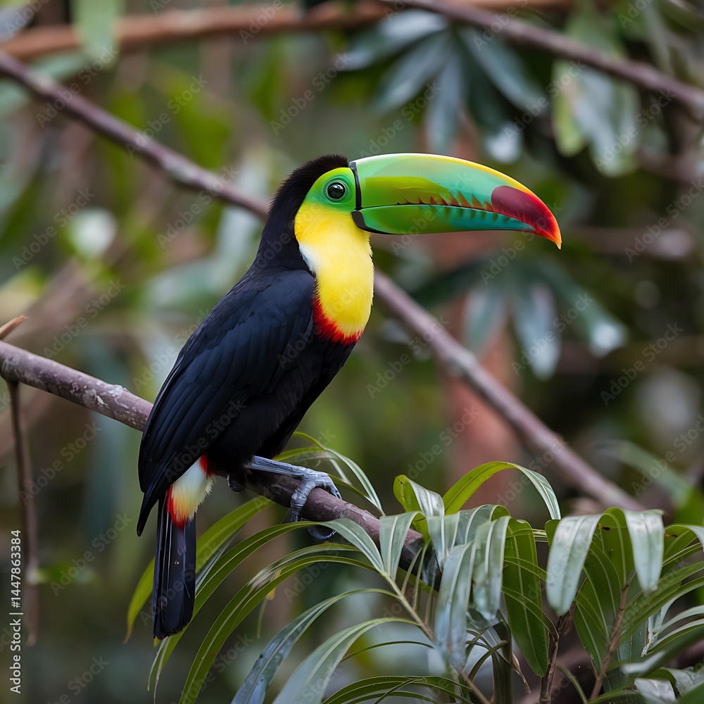 Obraz premium Vibrant yellow-breasted toucan with glossy black feathers and a large green bill tipped in red perched on a mossy branch in a tropical rainforest filled with lush foliage and soft sunlight beams