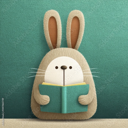 Adorable bunny rabbit sitting, reading book, green background Perfect for children's books, Easter, spring themes - design texture abstract pattern background