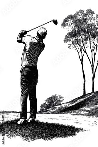 Dynamic golf shot captured in detailed black and white art.