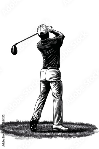 Dynamic golf shot captured in detailed black and white art.